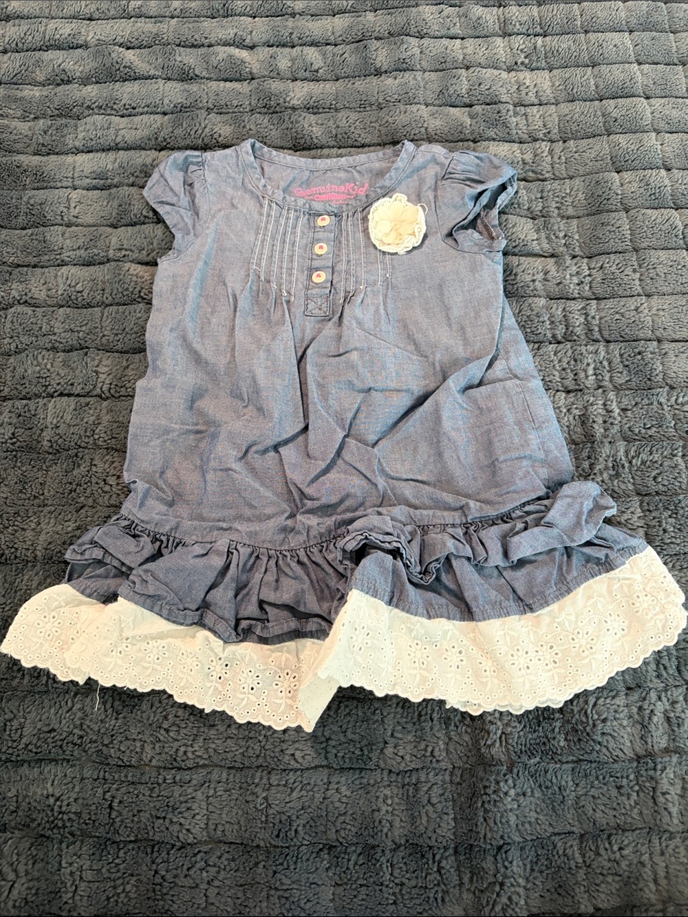 Girls' Blue Chambray Ruffle Dress with White Eyelet Trim